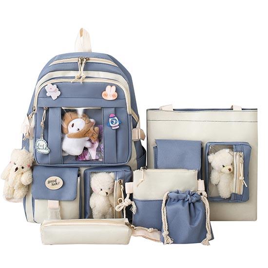 5 Teile/satz Kawaii Mädchen Rucksack Für Schüler Schule Tasche Teenager Mädchen Schulranzen Buch Taschen Bleistift Fall Frauen Reise Rucksack Tote blau