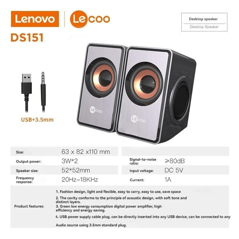 Lenovo Lecoo DS151 3,5-mm-Audio-Computer-Desktop-Lautsprecher 4D-Sound Dual-Lautsprecher Dual-Membranen Subwoofer Kabelgebundenes USB-Multimedia grau