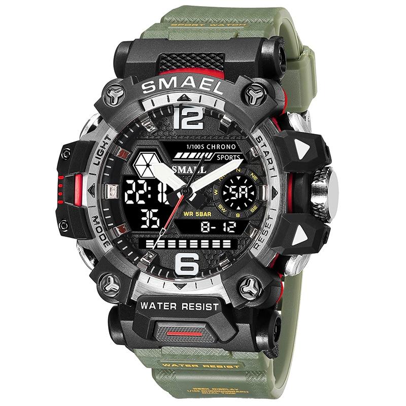 SMAEL Männer Uhren 50 m Wasserdichte Sport Uhr Militär Mann Sport Uhr Digital 8072 Dual Display Uhr Quarz Led Digital armee grüne