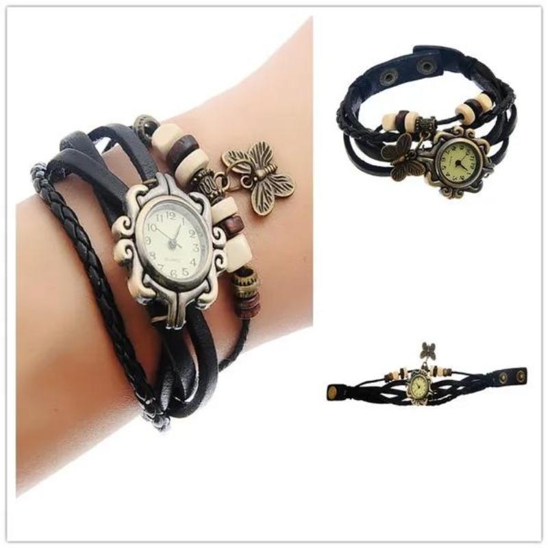 Damenmode Vintage Butterfly Drop Lederarmbanduhr Wickeluhr schwarz