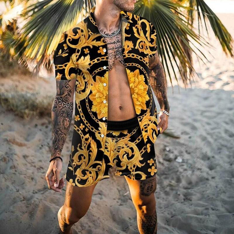 Geometrische druck Mode Neue Strand Männer der Sommer Hemd Anzug Casual Atmungsaktive Kurzarm Shirt Strand Shorts Männer Set XL