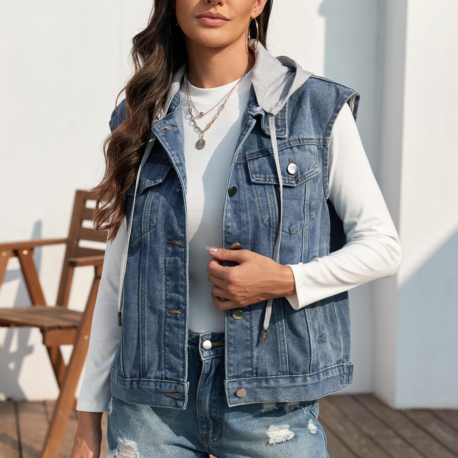 GMXIA Einfarbig bedruckt Sommer Frühling Kapuzenweste aus gewaschenem Denim Bluse Damen Jacken & Mäntel XL blau