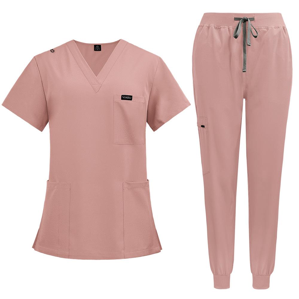 Damen Scrubs Set Joggerhose Henley Zweiteiliges Oberteil und Hose V-Ausschnitt Stretchig Krankenschwester Arbeitsuniform mit Tasche XXL rosa