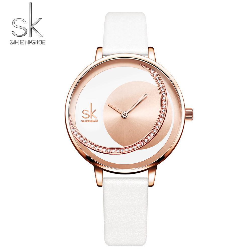 Shengke Kristall Frauen Uhr Luxus Marke Damen Kleid Uhren Original Design Quarz Armbanduhren Kreative SK Uhr Für Frauen weiß