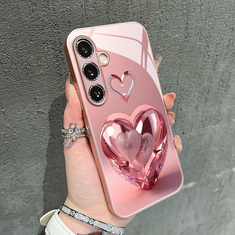 Schimmerndes Rosa Herzmuster Exquisite Handyhülle für Samsung Galaxy S26 S25 S24 S23 S22 S21 FE Ultra Plus Damen Eingebautes Glas For Galaxy S23 Ultra
