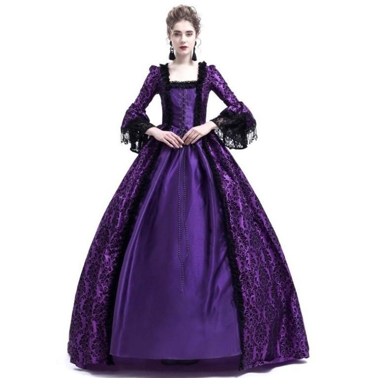 Mittelalterlicher Palast Prinzessin Cosplay Kleid Erwachsene Vintage Abendkleid Frauen Spitze Renaissance Party Halloween XL violett