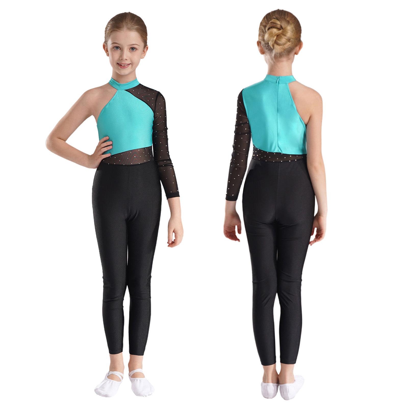 Mädchen Ganzkörper-Overall mit Netzärmeln, Gymnastik-, Ballett- und Modern-Tanz-Uniform, Ganzanzug, Eiskunstlauf-Wettkampfkostüm 5-6 Years black