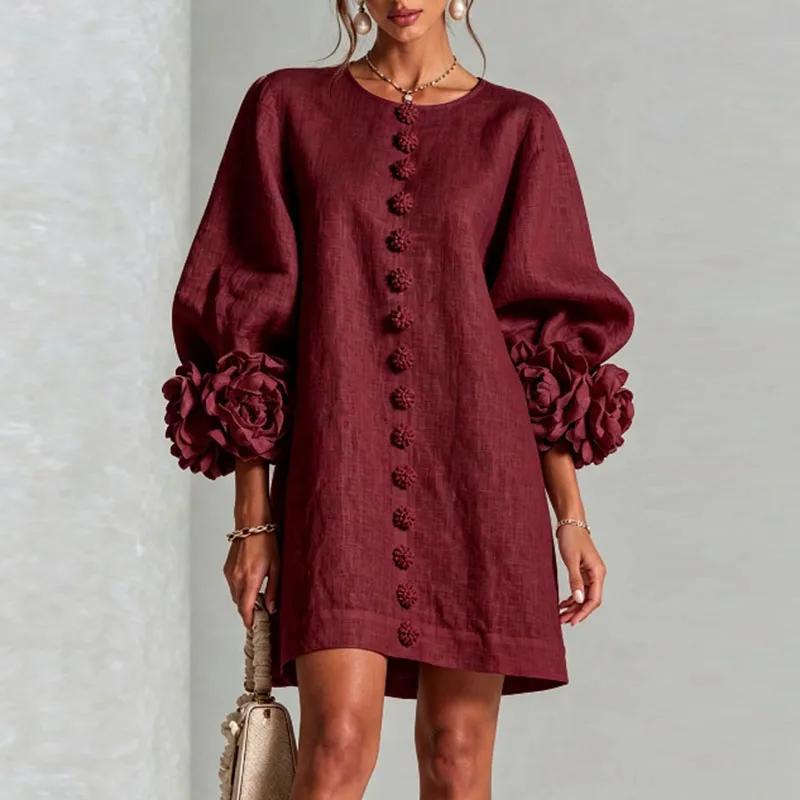 Damen Lockeres Minikleid Rundhalsausschnitt Puffärmel Langarm 3D Blumenmanschette Dekorativer Knopf Vorne Freizeit Leinenoptik Damen Kurze Kleider XL wein rot