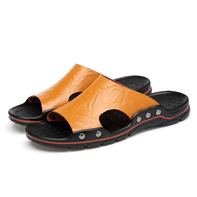Sommer Herren Hausschuhe Echtes Leder Atmungsaktive Clogs Sandalen Strand Klassiker Leder Slides Outdoor Flip Flops Übergröße Herrenschuh 44 gelb