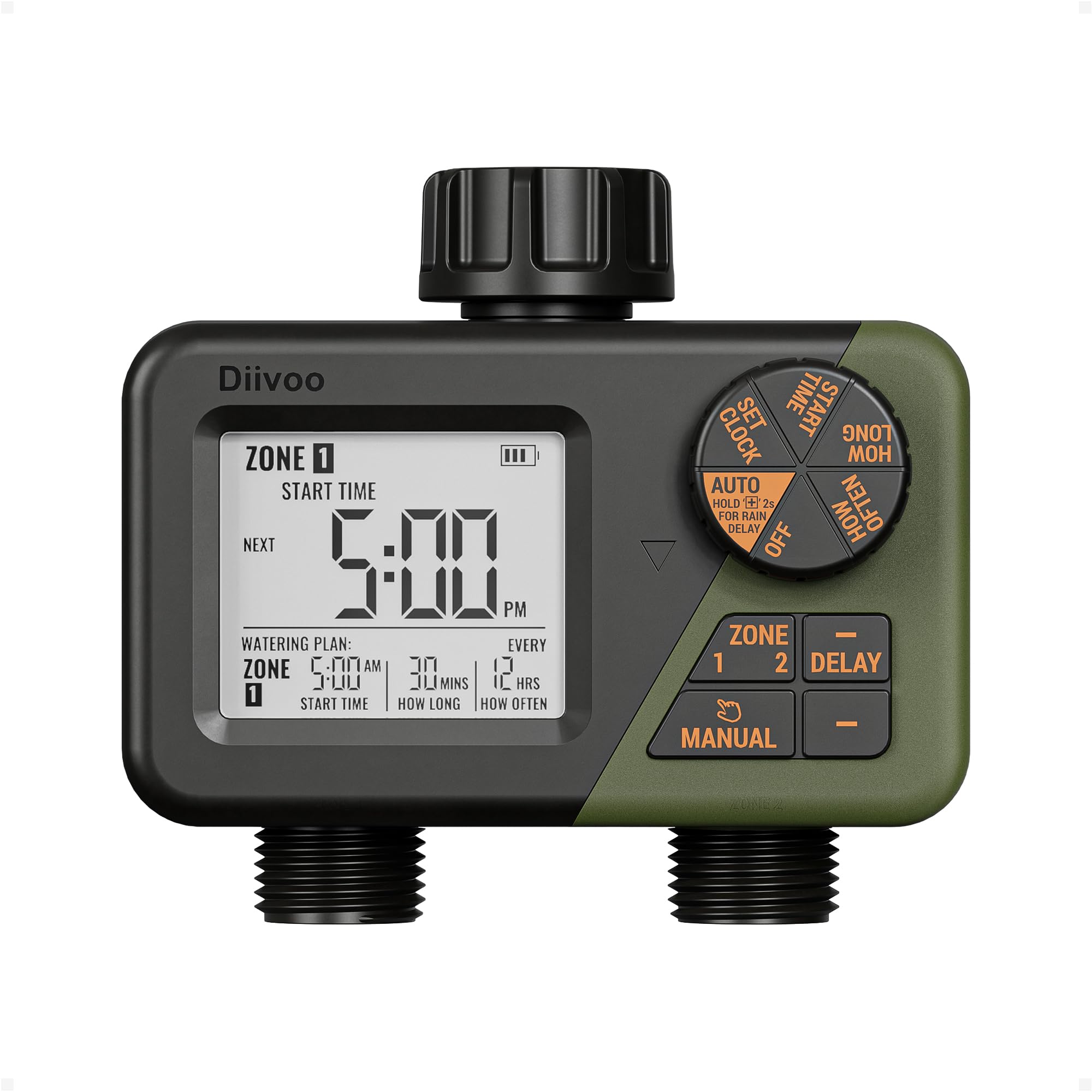 Diivoo WiFi-Wasser-Timer für den Garten, 1/2 Zone, intelligenter, kabelloser, programmierbarer Wasserhahn-Schlauchsprinkler, Bewässerungssteuerung für Hof, Rasen 2 zone grün