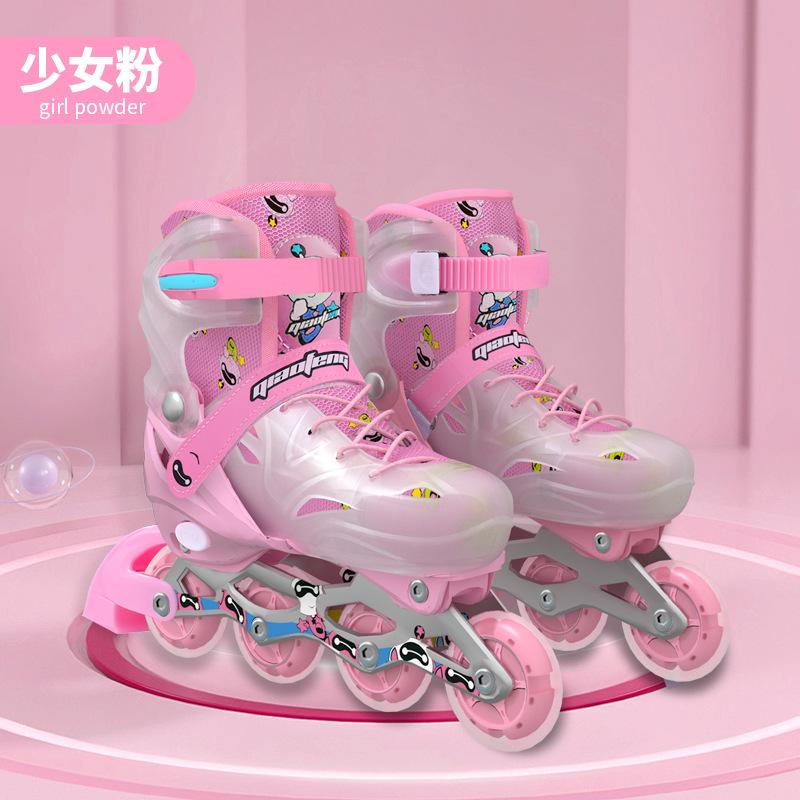 Neue Kinder-, Herren- und Damen-Anzug-Skates Professionelle Vollblitz Verstellbare Rollschuhe Einzelreihe Gerade Reihe PU-Rad Rollschuhe M (size 33-37) rosa