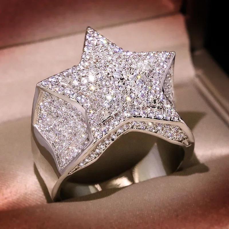 Hip Hop Fünf Sterne Ringe Herren Gold Farbe Iced Out Zirkonia Schmuck Ring Geschenke Paar Eheringe Damen Schmuck 9 white