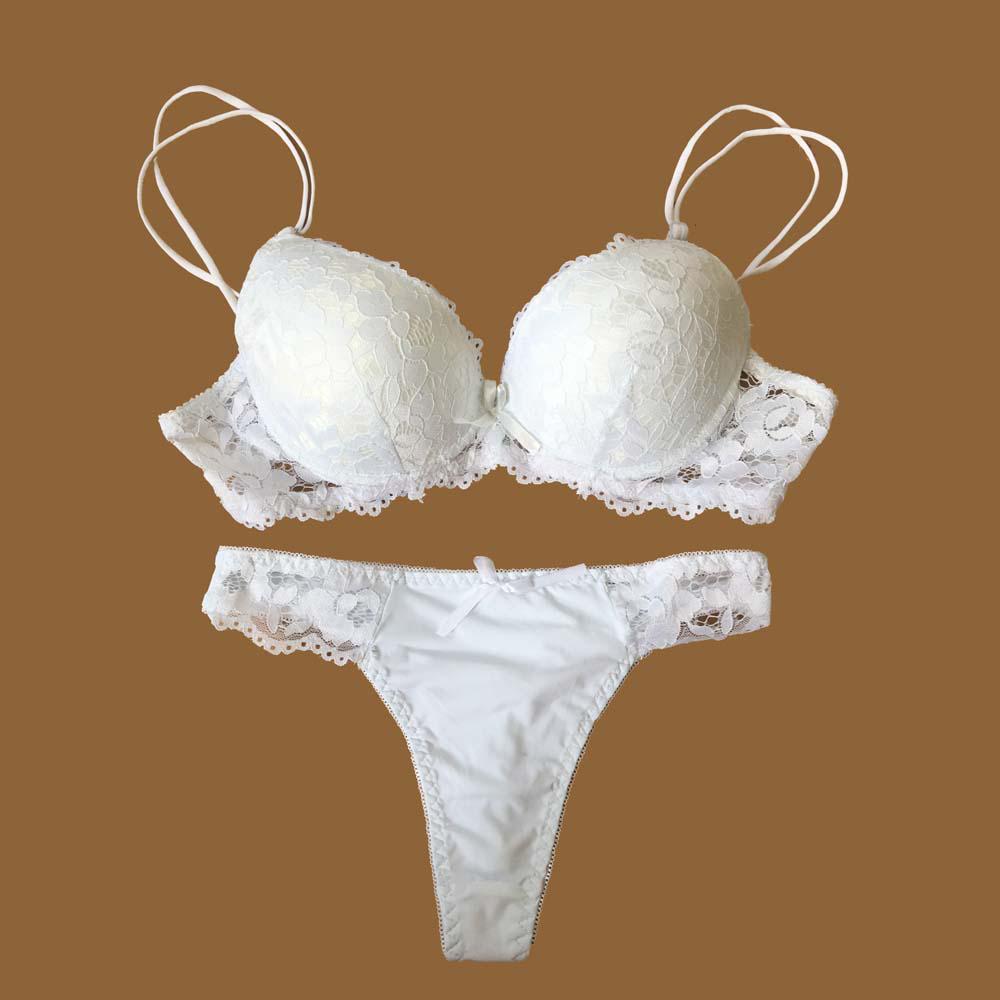Spitzen-BH, Tanga-Set, Push-up-Unterwäsche-Set, Damen-Höschen, hohle Spitze, Dessous-BHs und Höschen-Set 34C weiß