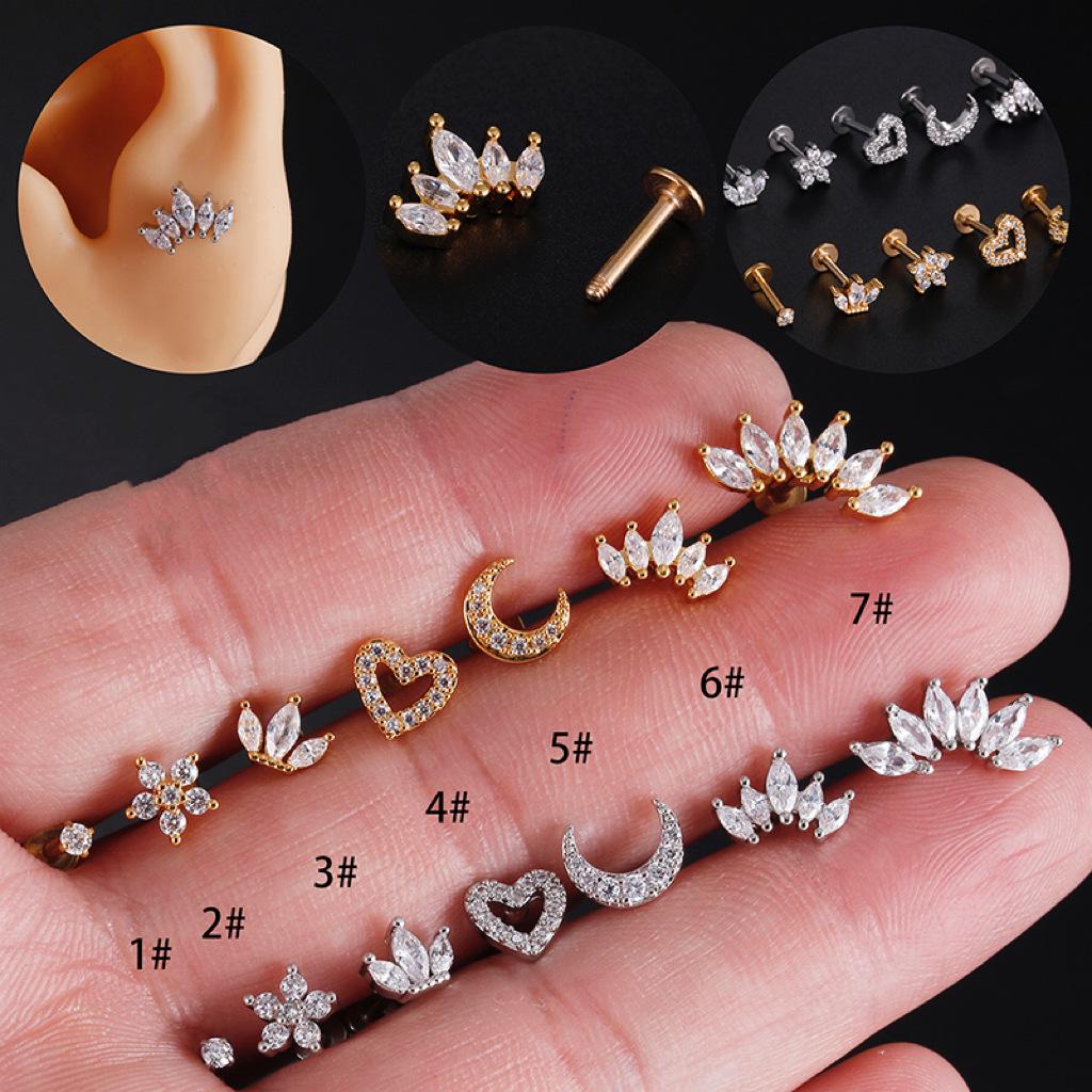 Zirkon Herz & Blume Edelstahl Labret Stecker für Ohrknorpel-Piercing 2 gold