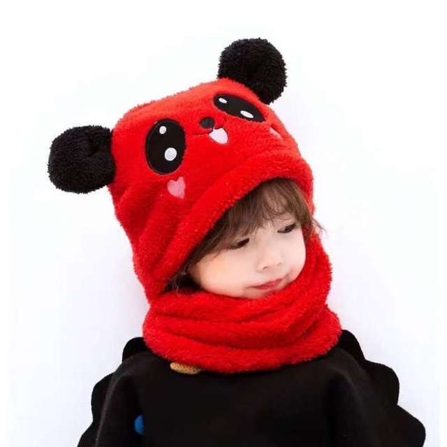 Neuer Herbst- und Winter Niedlicher Kinder Cartoon Schal Mütze Zweiteilig Doppelvlies Wärme Junge Mädchen Kind Erwachsener Eltern-Kind Babymütze M- 6-10 years old black