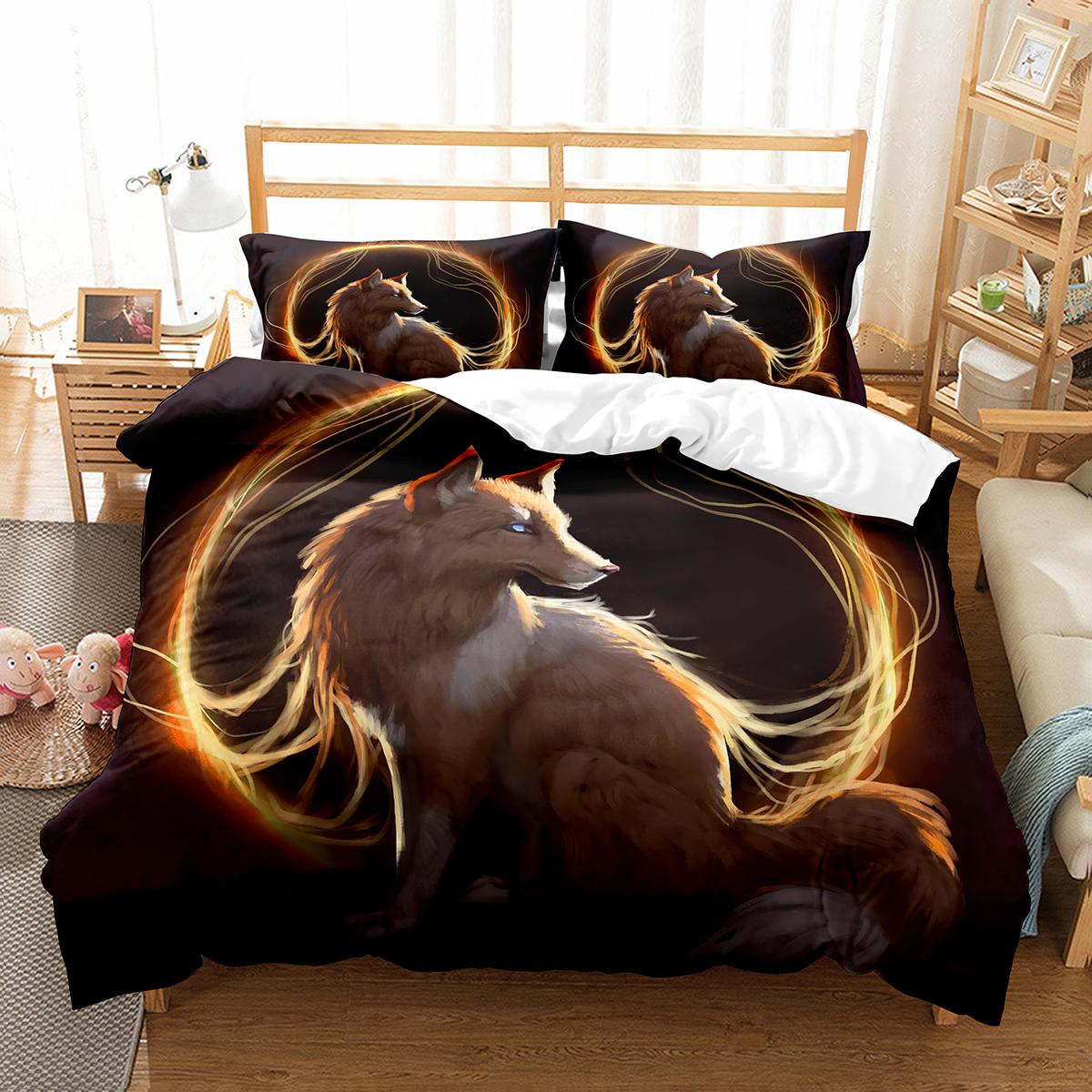 Fuchs Bettbezug-Set, Cartoon-Fuchs, Polyester, Bettbezug, King-Size-Bett, Queen-Size-Bett, volle Größe, für Kinder, Jungen und Mädchen, Bettwäsche-Set mit Kissenbezug EU single(135x200cm)