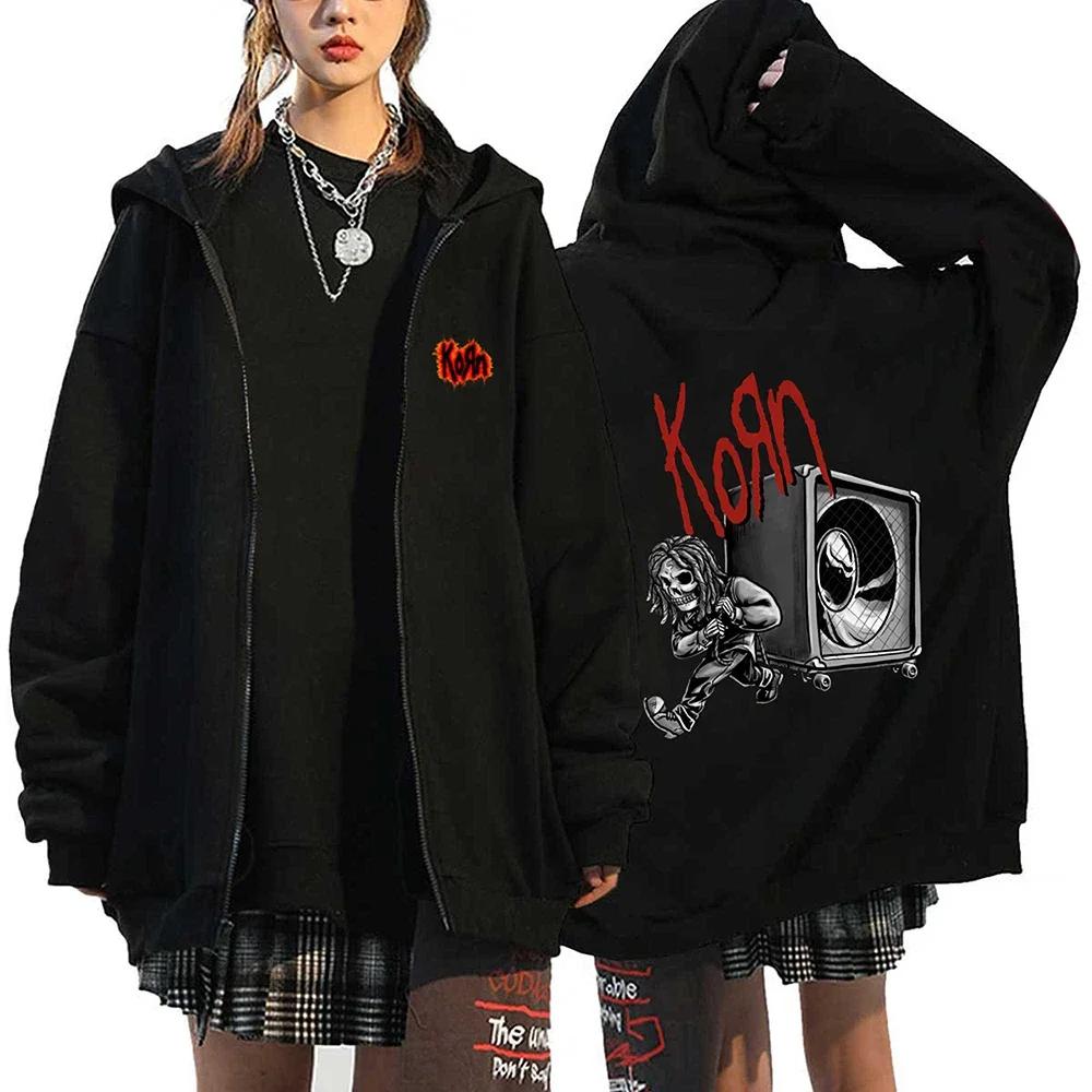 Korn Rock Hoodies WELTTURNÉE Reißverschluss-Sweatshirts Korn Rock Metal Zip-Up Jacken Fleece Übergroße Jacken Mäntel Hip Hop Streetwear XS black