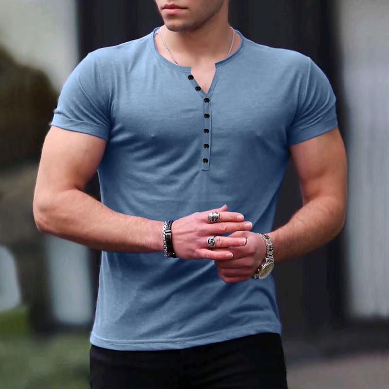 2023 Herrenmode Einfarbig Kurzarm T-Shirt Lässiges Sport-Knopf-T-Shirt Trendy Leggings M blau