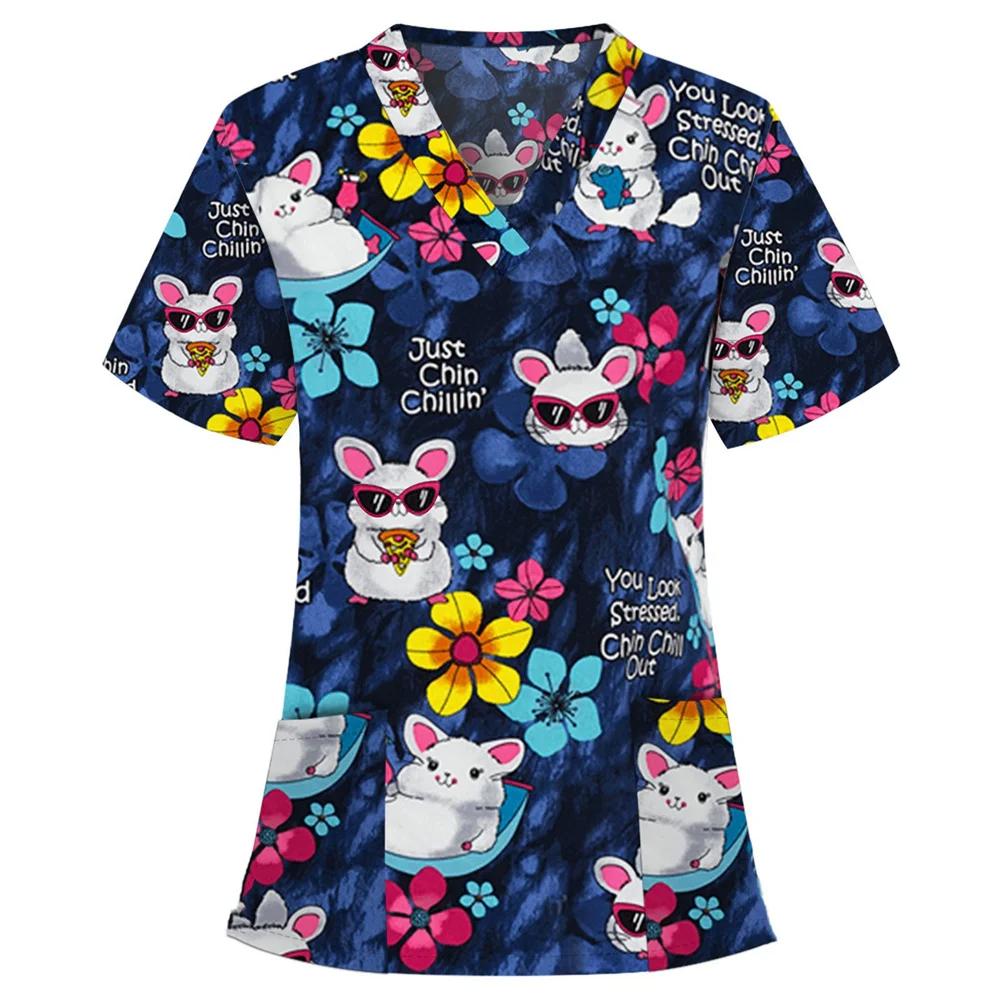 Medizinische Kasacke für Damen Niedlicher Tier-Cartoon-Druck Tierarzt Chirurgische Uniform Oberteile Mode V-Ausschnitt Kurzarm Kasack Haustier Medizinische Frau XL