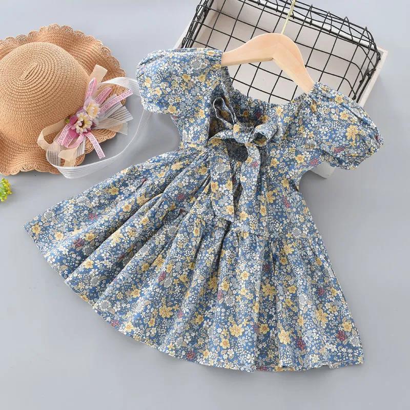 Sommer Mädchen Blumenkleid Kinder Baby Schleife Kurzarm Prinzessin Kleider für Mädchen Baumwolle Kinder Kleidung 90 blau