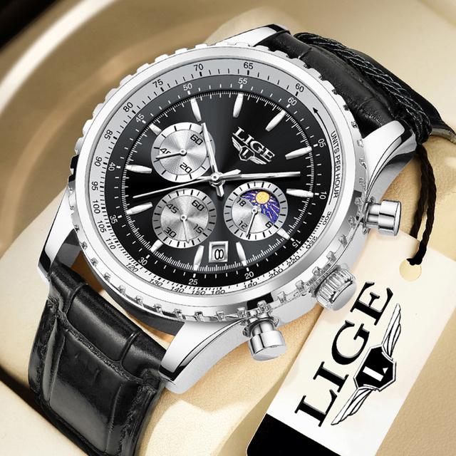 LIGE Neue Herrenuhren Top-marke Luxus Männer Armbanduhr Leder Quarzuhr Sport Wasserdicht Datum Chronograph silber/schwarz