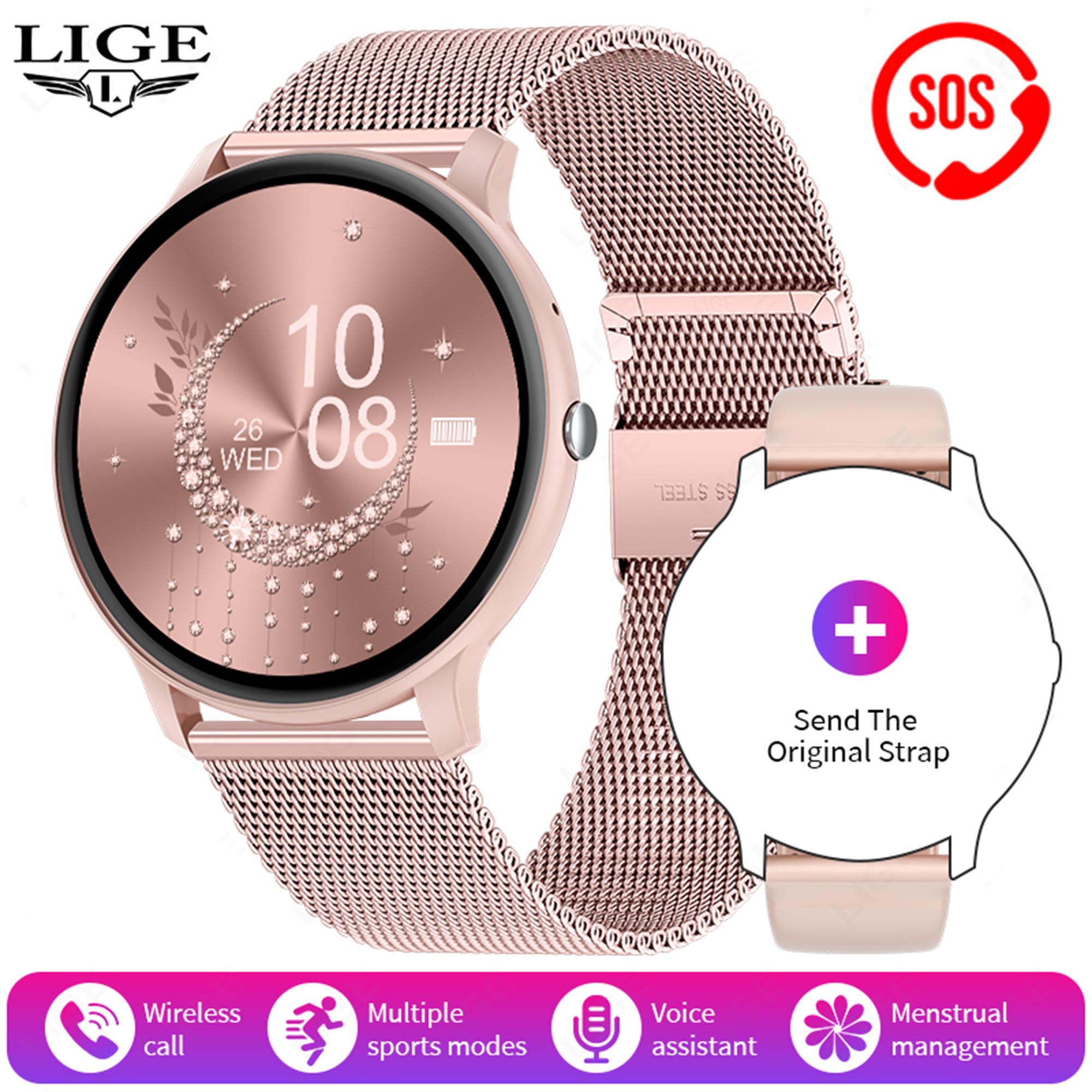 LIGE Smartwatch, Bluetooth-Anruf, Sprachassistent, wasserdichte Smartwatch, Outdoor-Übungen, Fitness-Armband, geeignet für Android IOS mesh belt rosa