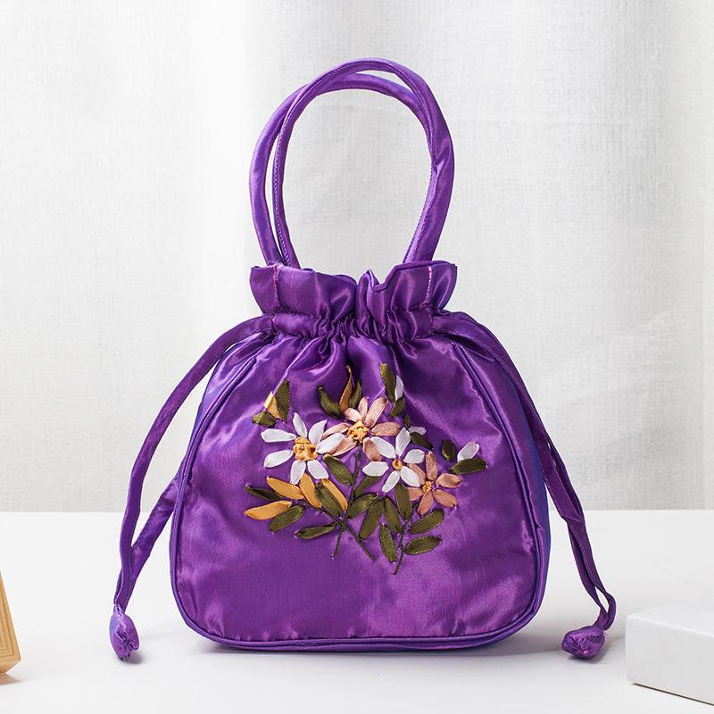 Modische Damen Eimer Tasche Sommer Geldbörse Oberer Griff Damen Handtasche Handy Tasche Bestickte Blume Kordelzug Tasche Designer Handtaschen 19cmx19cmx6cm purple