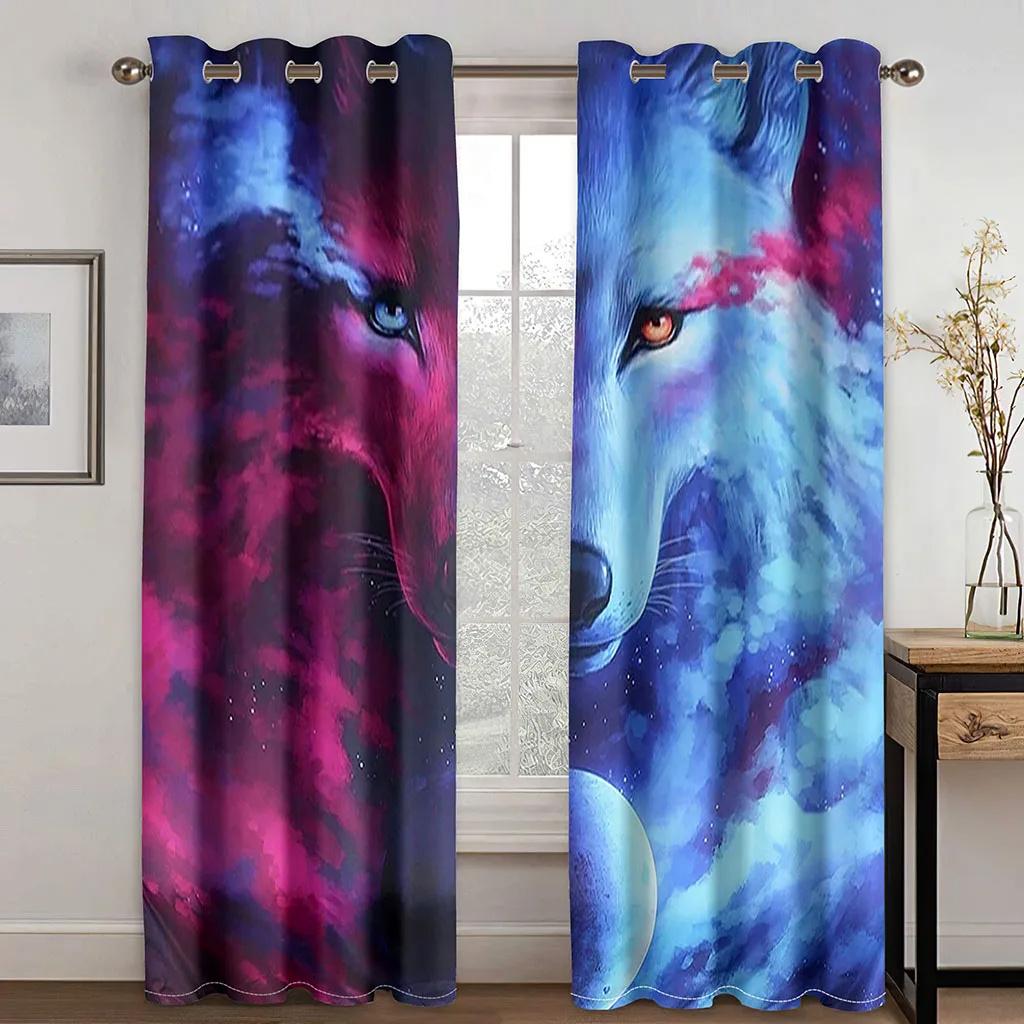 3D Heiliger Blauer Drache Vorhänge Tier Wolf Vorhänge 2 Paneele Kinderzimmer Schlafzimmer Deko Vorhänge Wohnzimmer Balkon Deko W50X130H(CM)X2PCS&Rod pocket gray