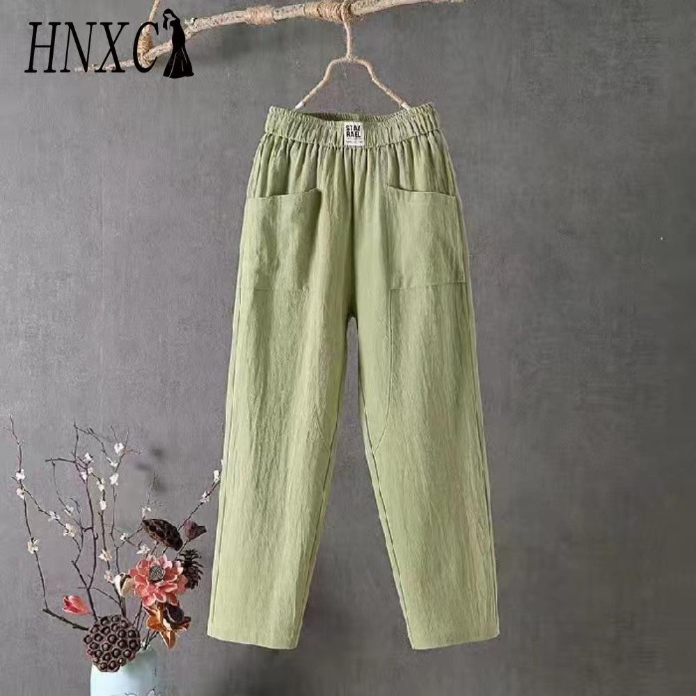 HNXC Sommer Damen Hosen Lässige Baumwolle Leinen Hosen Locker Gerade Hosen Neun Punkte Harems Hosen M grün