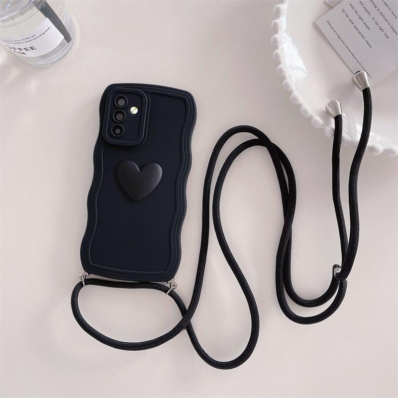 Lockige gewellte Crossbody Lanyard Silikonhülle für Samsung Galaxy S24 S23 S22 S21 Ultra S23 FE A54 A34 A14 A15 A25 A35 A55 A25 A05 3D Love Heart Cover For Samsung S21 ultra schwarz