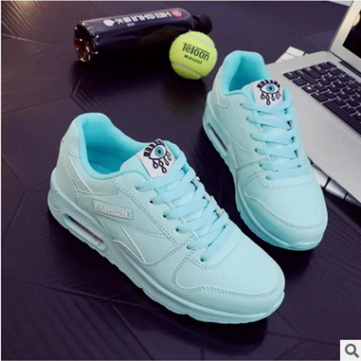Frauen Mode Turnschuhe Air Kissen Sport Schuhe Pu Leder Blau Schuhe Weiß Rosa Outdoor Walking Jogging Schuhe Weibliche Trainer 39 himmelblaue