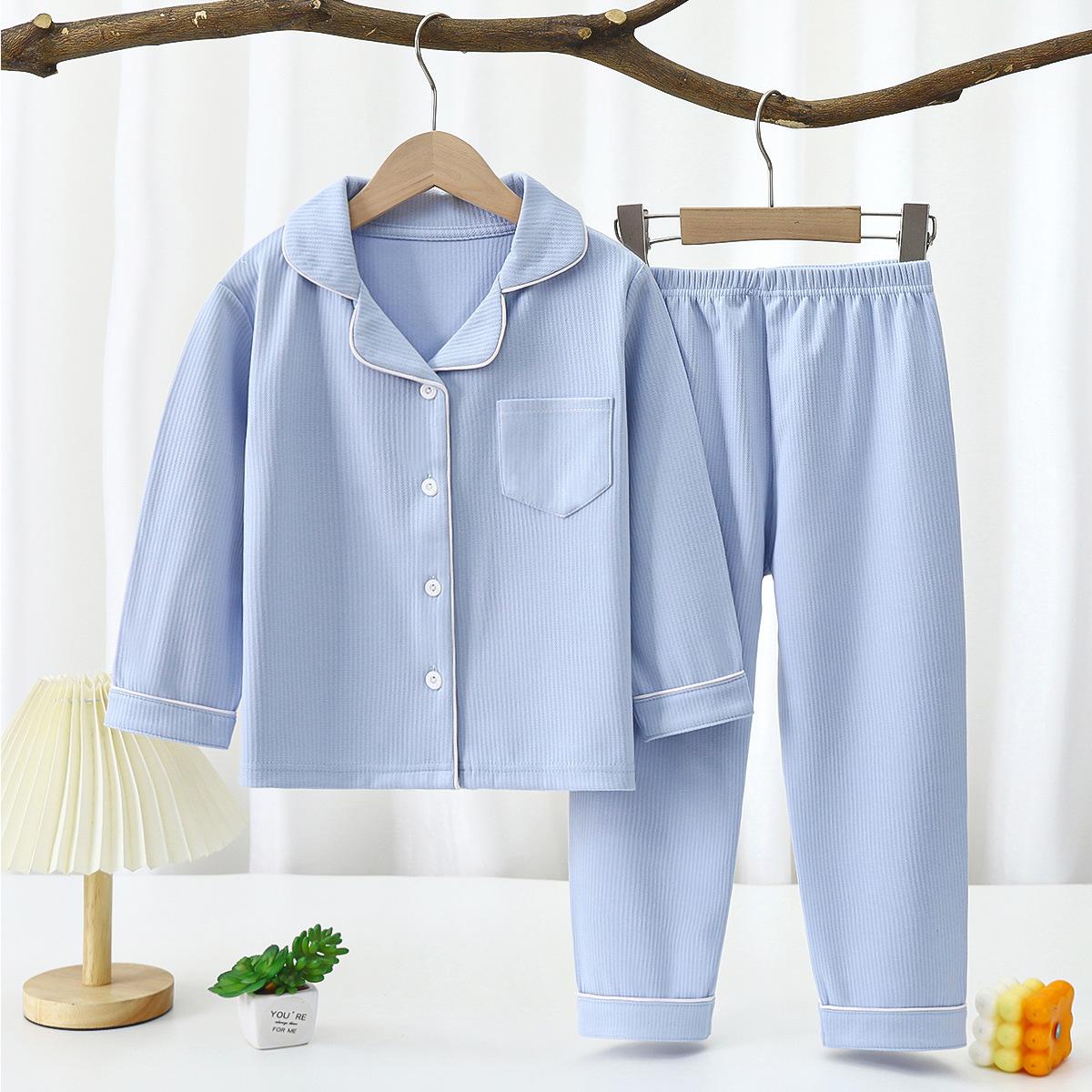 Kleinkind Baby Kinder Unisex Casual Pyjama Anzug Junge Langarm Fronttasche Revers Tops + Lange Hosen Mädchen Pyjama Sets 1-16 Jahre 140 blau