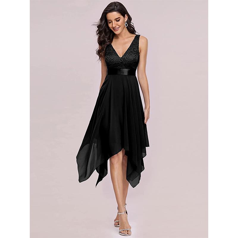V-Ausschnitt ärmelloses Spitzen-Chiffon-Kleid, Partykleid, modisches Abendkleid S schwarz