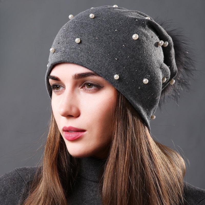 Damenmode Hut Herbst Winter Strass Perlen Hüte Weibliche Mützen Natürlicher Waschbärfell Bommel Baumwolle Warme Mützen