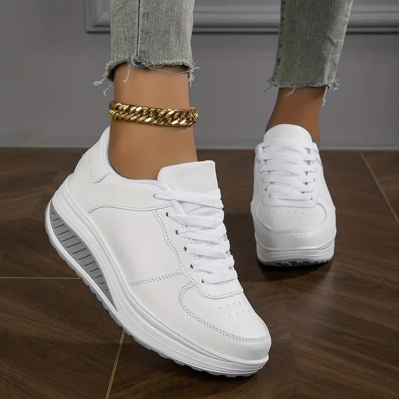 Damen-Wedge-Rocker-Sneaker, lässige, höhenvergrößernde Low-Top-Sneaker zum Schnüren, bequeme Plateauschuhe zum Gehen 39 weiß