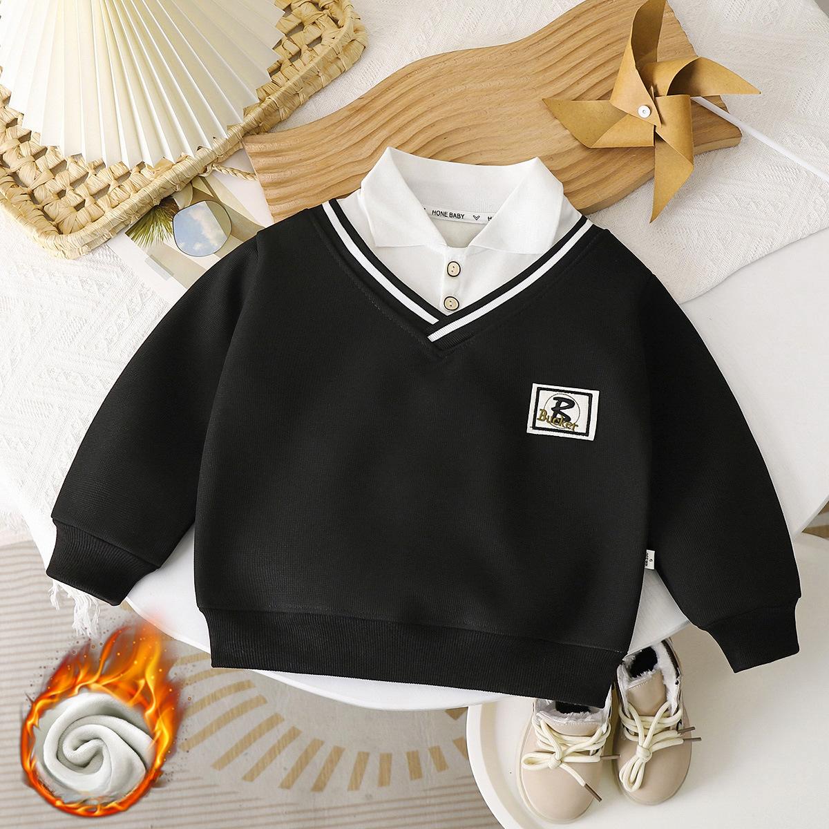 Frühlings- und Herbstpullover für Jungen, Poloshirts für Kinder, gefälschte zweiteilige Babykleidung 130 oliven schwarz