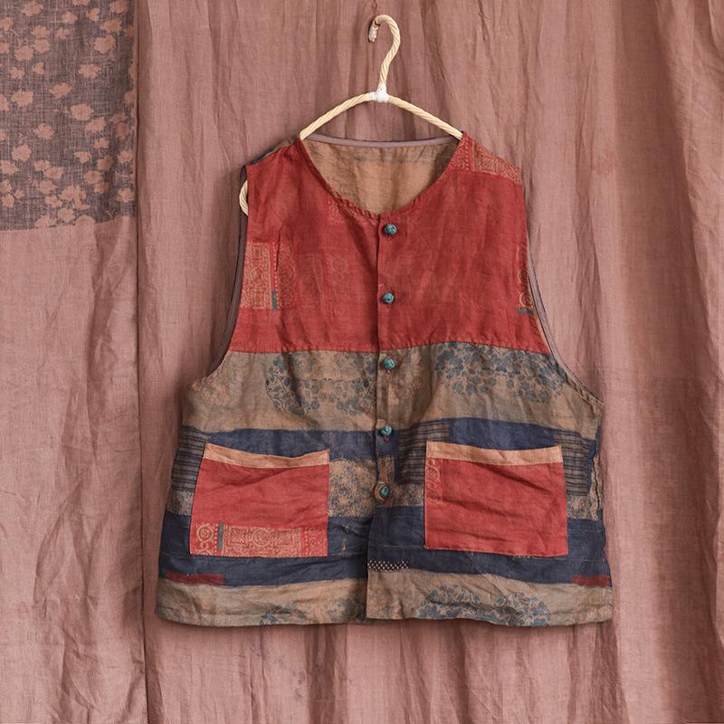 Johnature Damen Vintage Patchwork Farbe Westen Leinen Knopf Mäntel Ärmellos Frühling Taschen Damen Westen Mäntel One Size blau