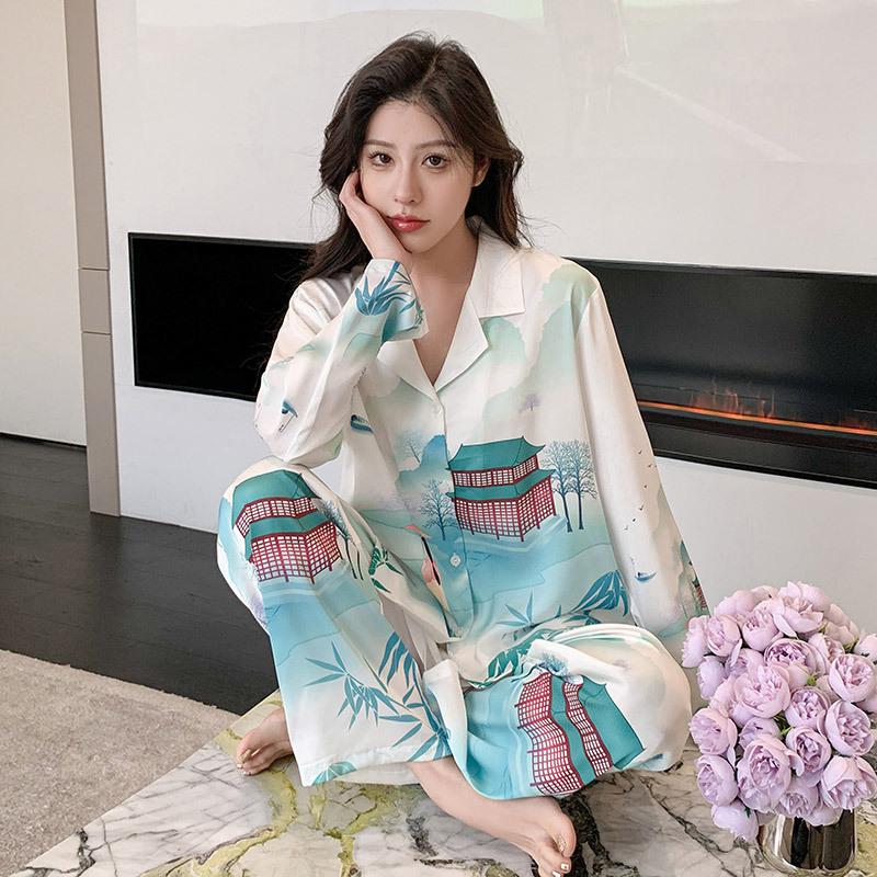 Sommer-Pyjama-Set mit Print im chinesischen Stil, dünne Homewear, langärmelige Hose, Satin-Pyjama-Set, lässiger, lockerer Pyjama XL