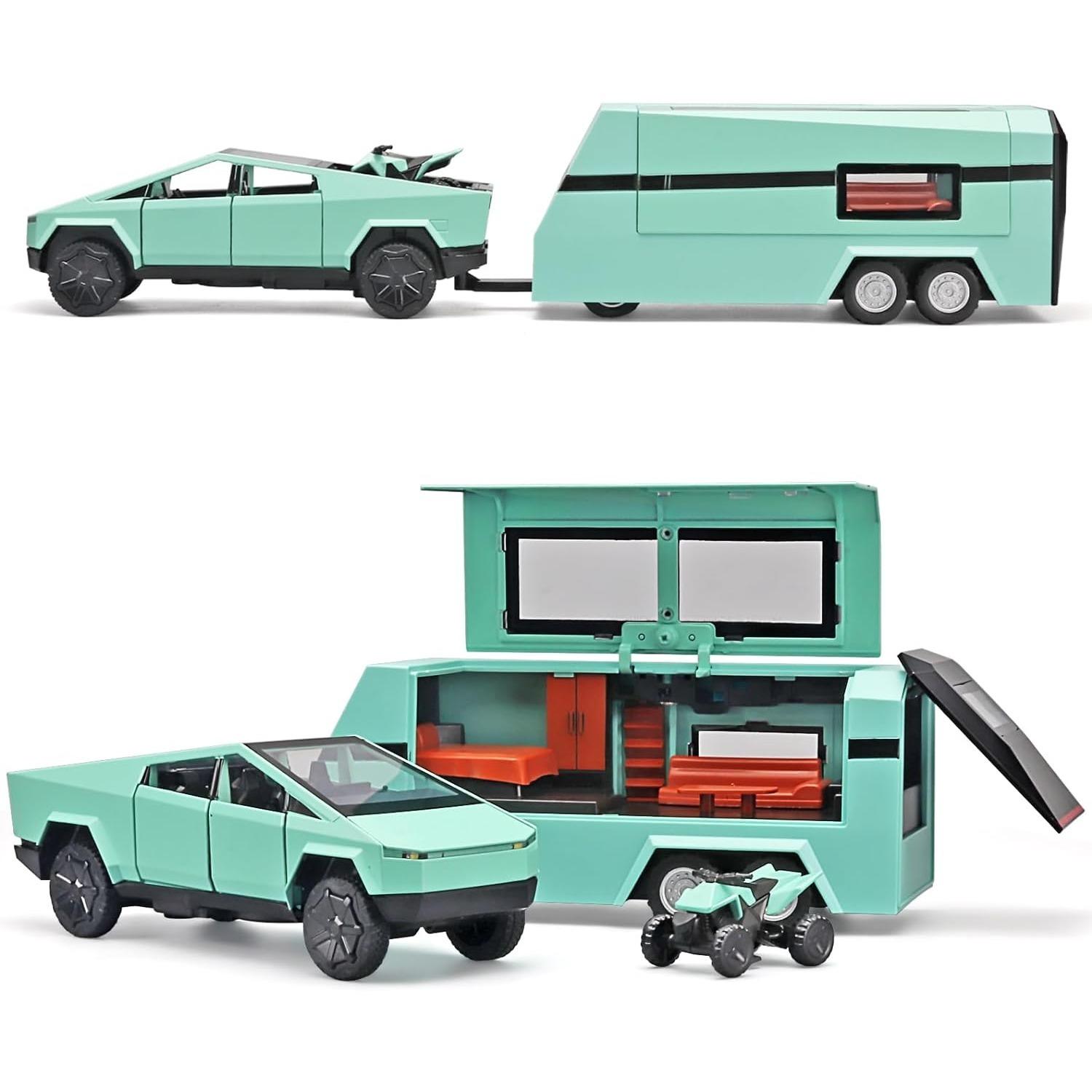 1/32 Tesla Spielzeug-Pickup-Anhänger aus Druckgussmetall, Wohnmobil-Modellbausatz, Spielzeug-Truck und Anhänger mit Rückziehfunktion, Truck- und Anhänger-Spielzeug für Jungen im Alter von 4–7 Jahren 1/32-Size:35*7*7.5cm grün