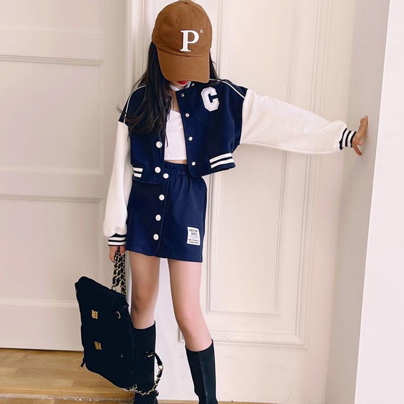 Mädchen Lose Mode Tanz Kleidung Frühling und Herbst Große Größe Baseball Uniform Jacke Top + Rock 2-teiliges Set 150 navy blau