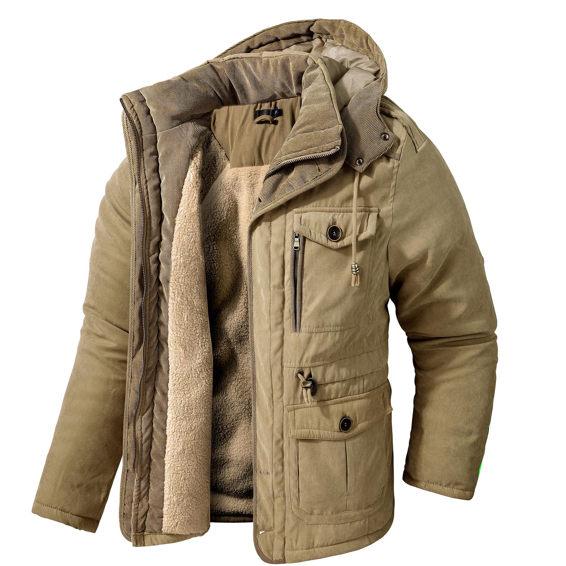 Winter Fleece Parkas Männer Warme Winddichte Jacken Dicke Kapuze Parka Mantel Herren Pelz Liner Oberbekleidung Lässige Baumwolle Gefütterte Jacke XXL khaki