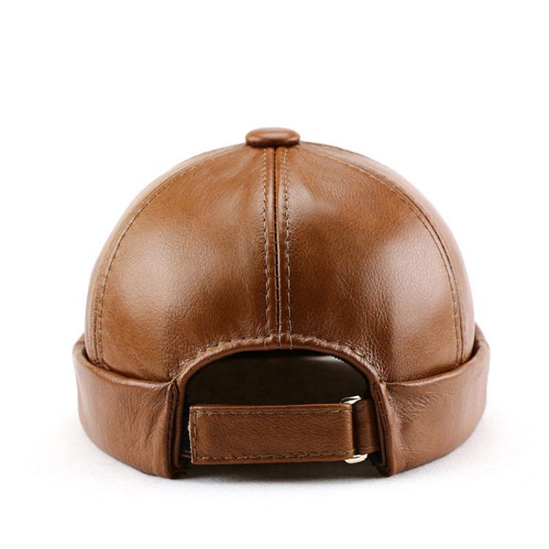 Herren-Schädelmütze aus echtem Leder, Matrosenmütze, Mütze, gerollte Manschette, Retro-Mütze aus echtem Leder ohne Krempe L(55-57cm) hellbraune