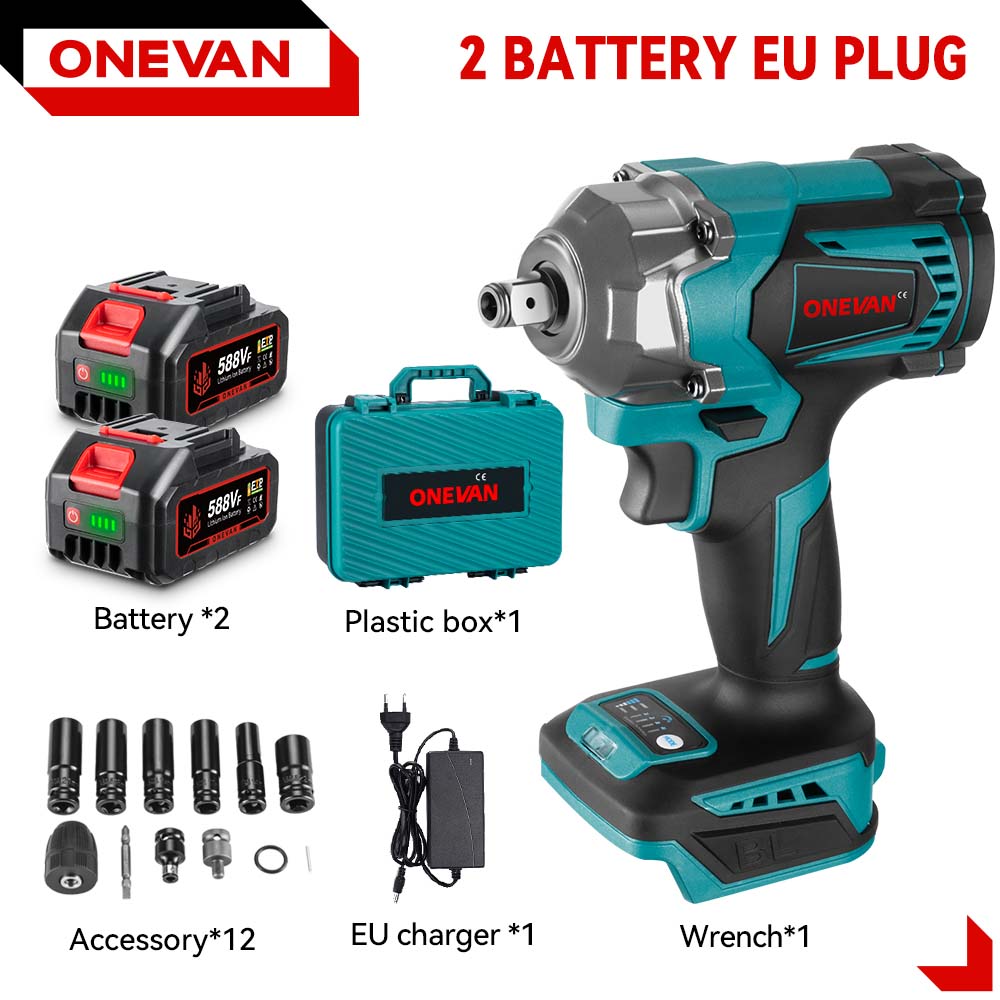 ONEVAN 1200 N.M Bürstenloser elektrischer Schlagschrauber, 3 Funktionen, 1/2 Zoll Akkuschrauber, elektrische Bohrmaschine für Makita 18 V Akku 2 Battery EU Plug B