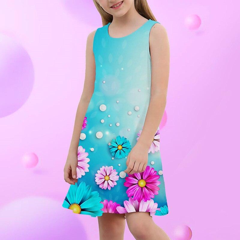 Mädchen Kleid Ärmellos 3D Hellblau Verträumte Blumen Druck Sommer Frühling Täglich Niedlich Kinder Kleid Trägerkleid Schlafen Gute Nacht Kleid 180 hellblaue