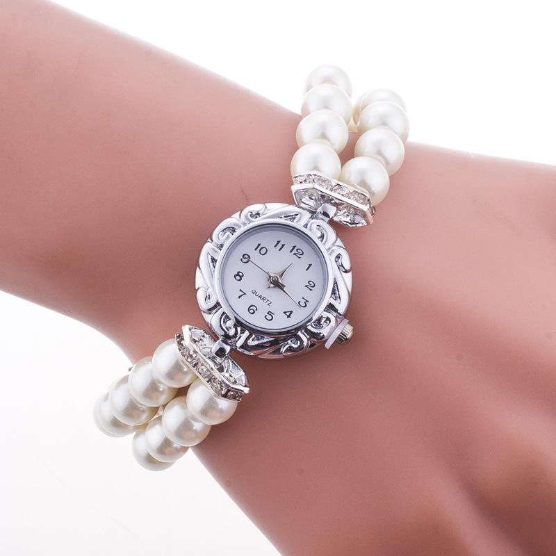 Elegante Armbanduhren für Mädchen, Studenten, Freizeituhren, modische Perlenarmbanduhren für Damen weiß