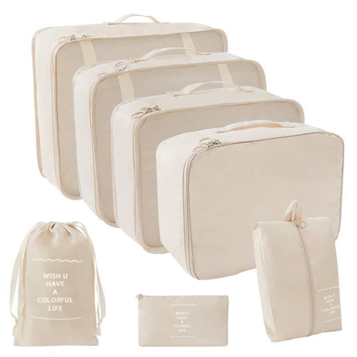 7-teiliges Reise-Organizer-Set, Aufbewahrungstaschen, Koffer, Packwürfel, Koffer, tragbares Gepäck, Kleidung, Schuhe, ordentliche Tasche, faltbar.-zmt beige