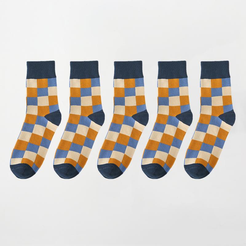 5Pair-pack Neue männer Socken Bunte Grid Socke Casual Business Hohe Qualität Glücklich Gekämmte Baumwolle Socken Mode Gentleman socken Männer EUR38-45 navy blau