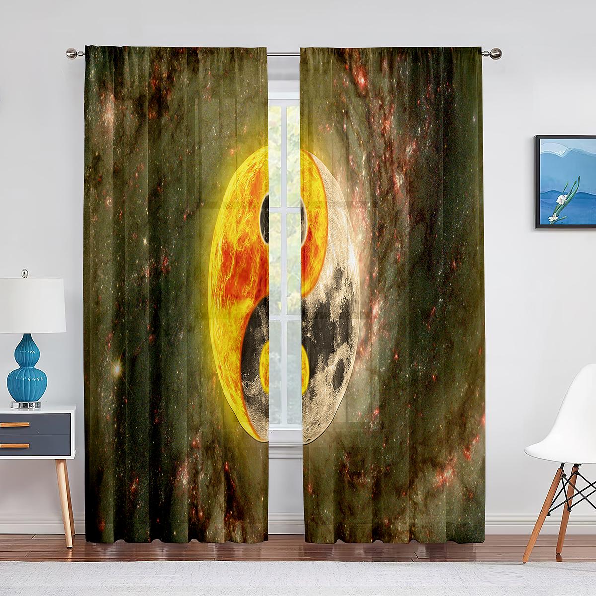 Yin Yang Trippy Psychedelische Kunst Tüll Voile Vorhänge für Schlafzimmerfensterdeko Wohnzimmer Transparente Vorhänge Jalousien Chiffon Vorhänge 100W130H(CM)40x51in&Grommet Top brown