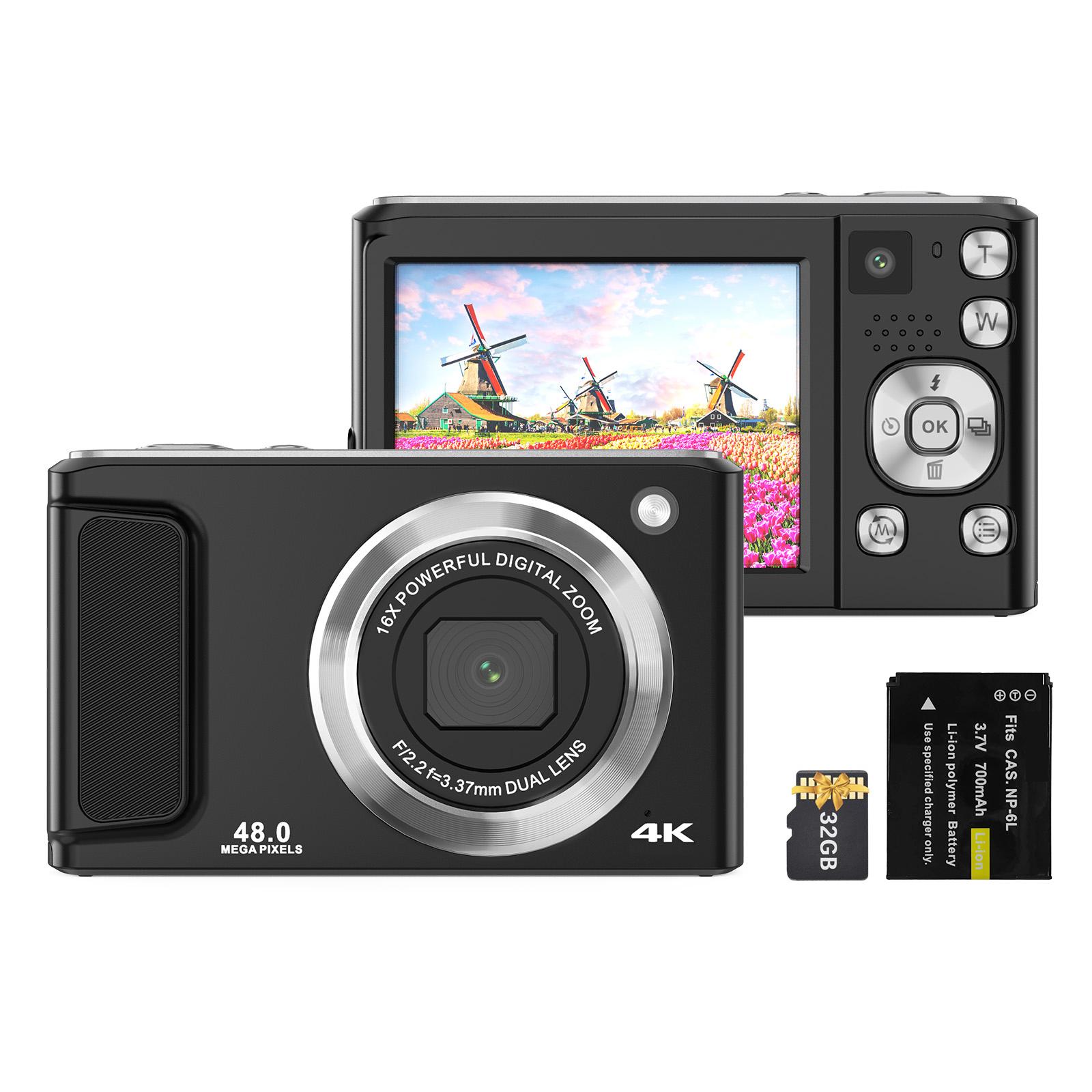 4K Digitalkamera Digitale Videokamera 48MP Doppelobjektiv 2,8 Zoll IPS-Bildschirm Autofokus 16X Digital with 1 Battery schwarz