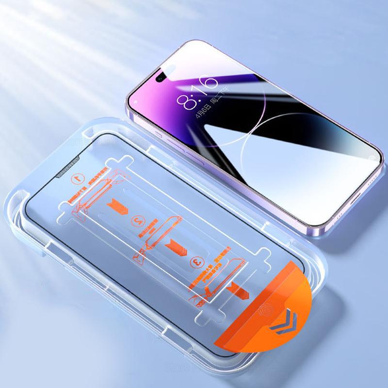 Für iPhone 15 14 13 Pro Max gehärtetes Glas, staubfreie Installationsbox für iPhone 14 Plus XR XS 11 12 Pro Max Displayschutz iPhone 15 Pro transparent